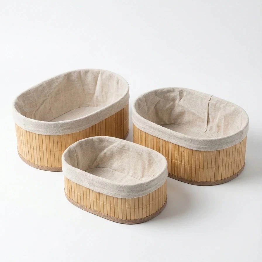 Lot de 3 Paniers de Rangement en Bambou avec Doublure en Tissu