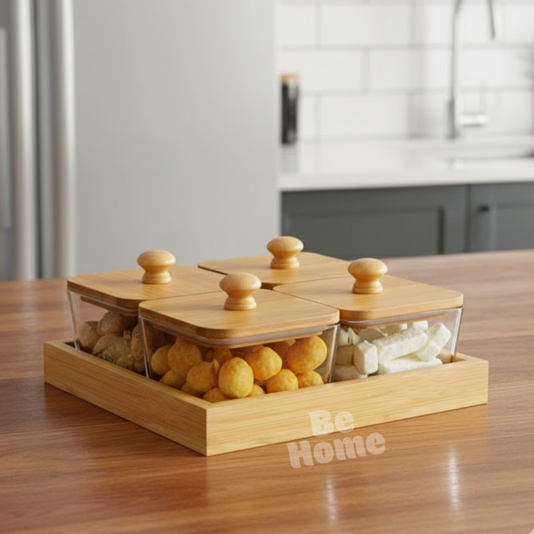 Boîte de Rangement en Bambou à  4 Compartiments avec Couvercle