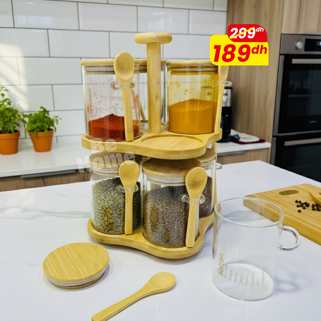 Ensemble de 8 Bocaux à Épices en Verre avec Cuillères et Support Rotatif
