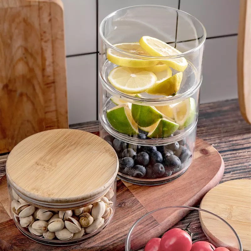 Bocal de Rangement en Verre 3 Niveaux avec Bambou
