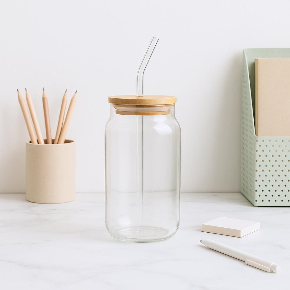 Gobelet en Verre 480 ml avec Paille & Couvercle en Bambou