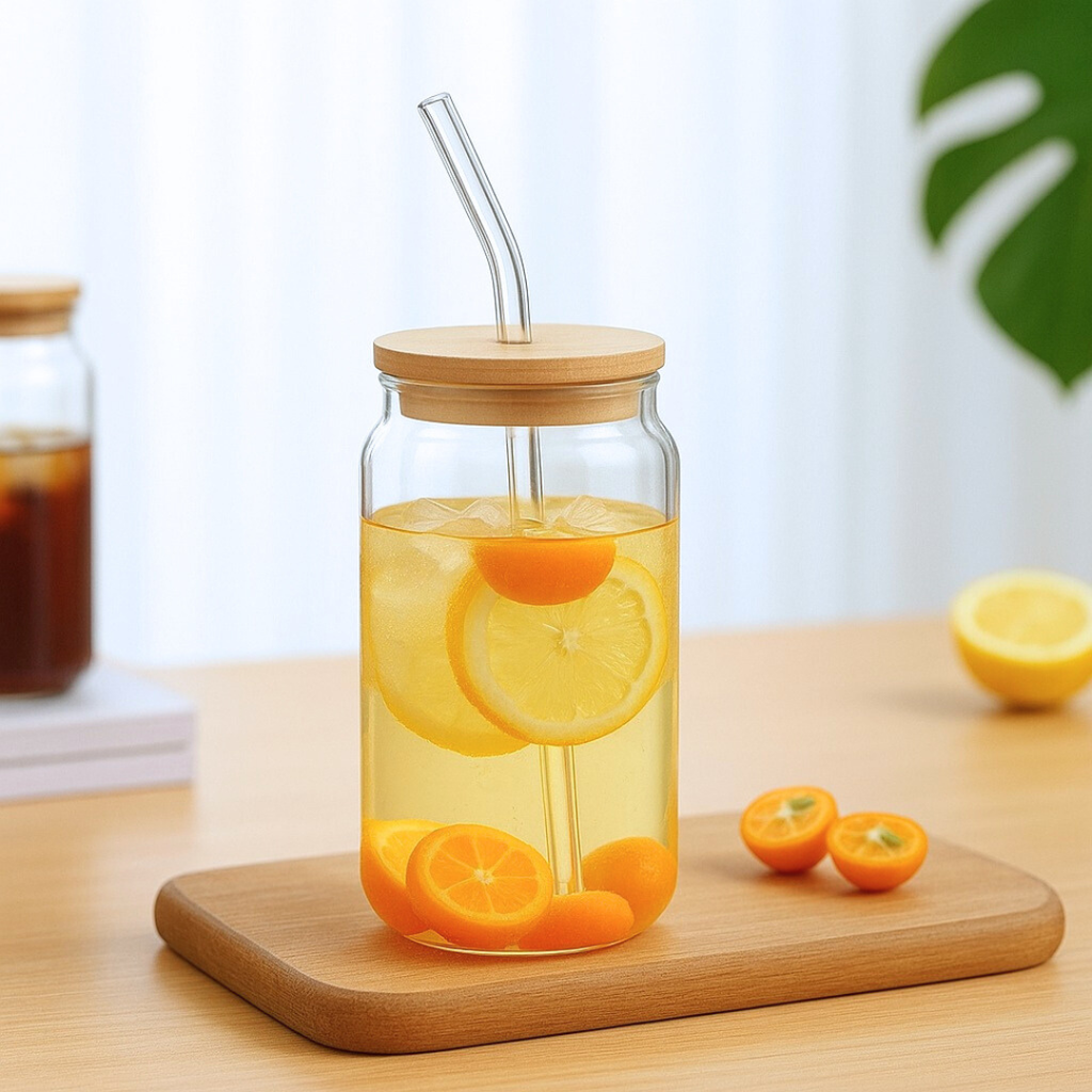Gobelet en Verre 480 ml avec Paille & Couvercle en Bambou