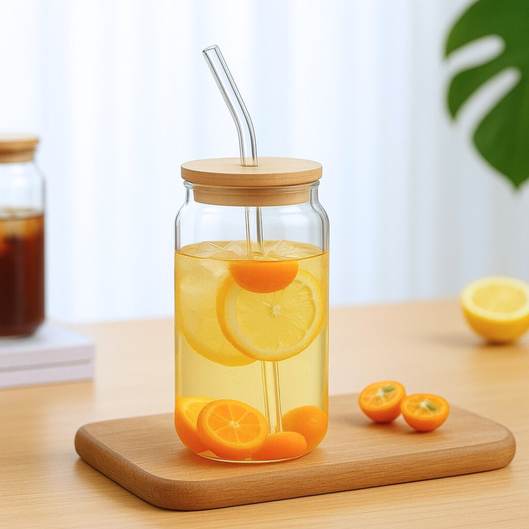Gobelet en Verre 480 ml avec Paille & Couvercle en Bambou