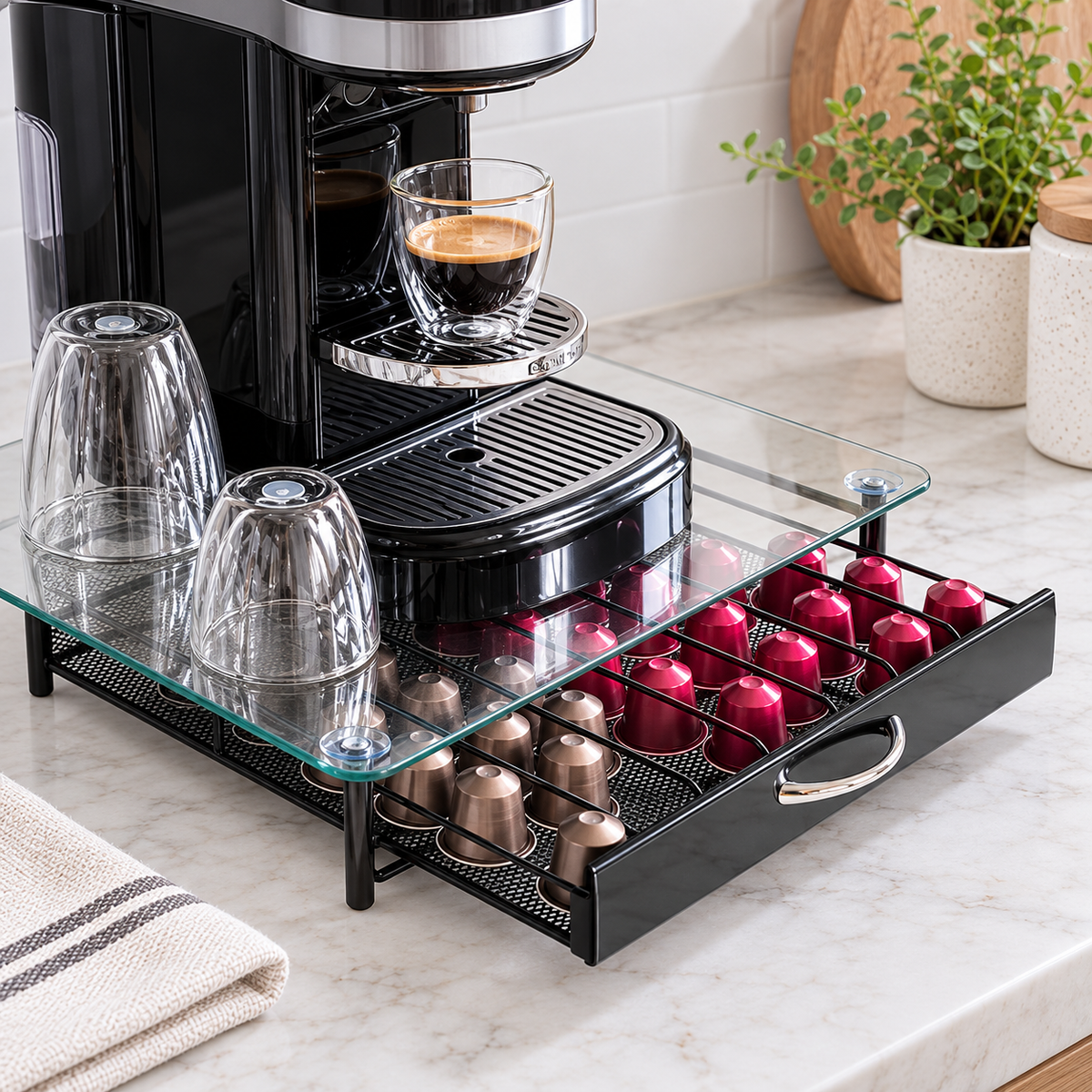 Porte-Capsules Café en Métal & Verre – 36 Capsules Nespresso & Dolce Gusto