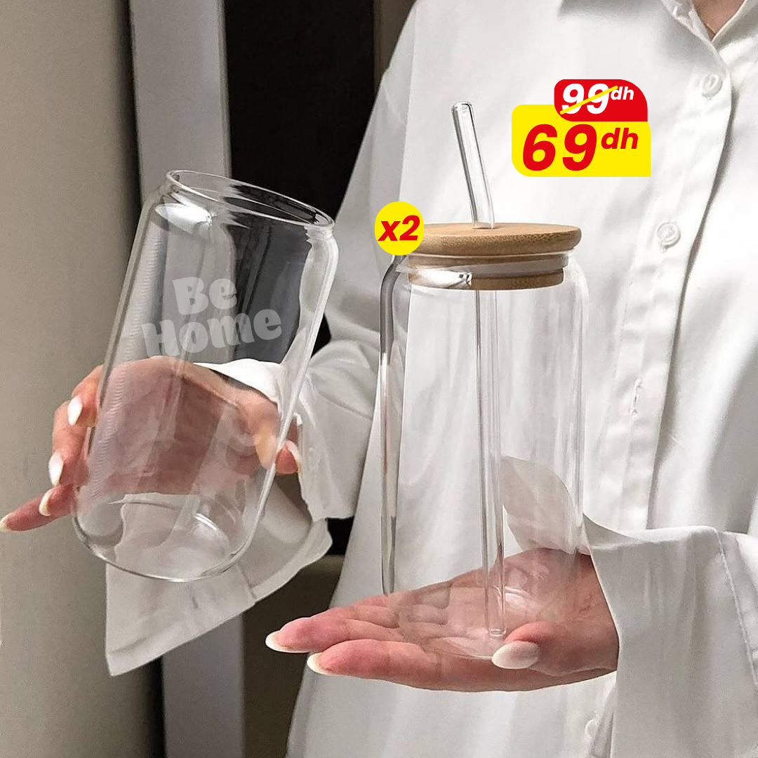 Lot de 2 Tasses en Verre avec Couvercle et Paille