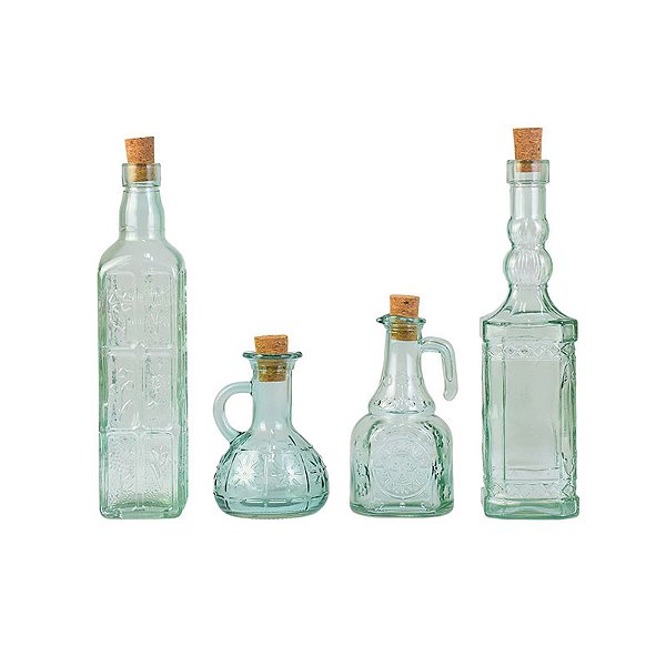 Lot de 4 Bouteilles à Huile & Vinaigre en Verre Gravé avec Bouchons en Liège