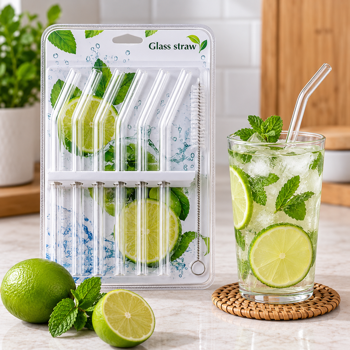 Lot de 8 Pailles Courbées en Verre Borosilicate avec Goupillon