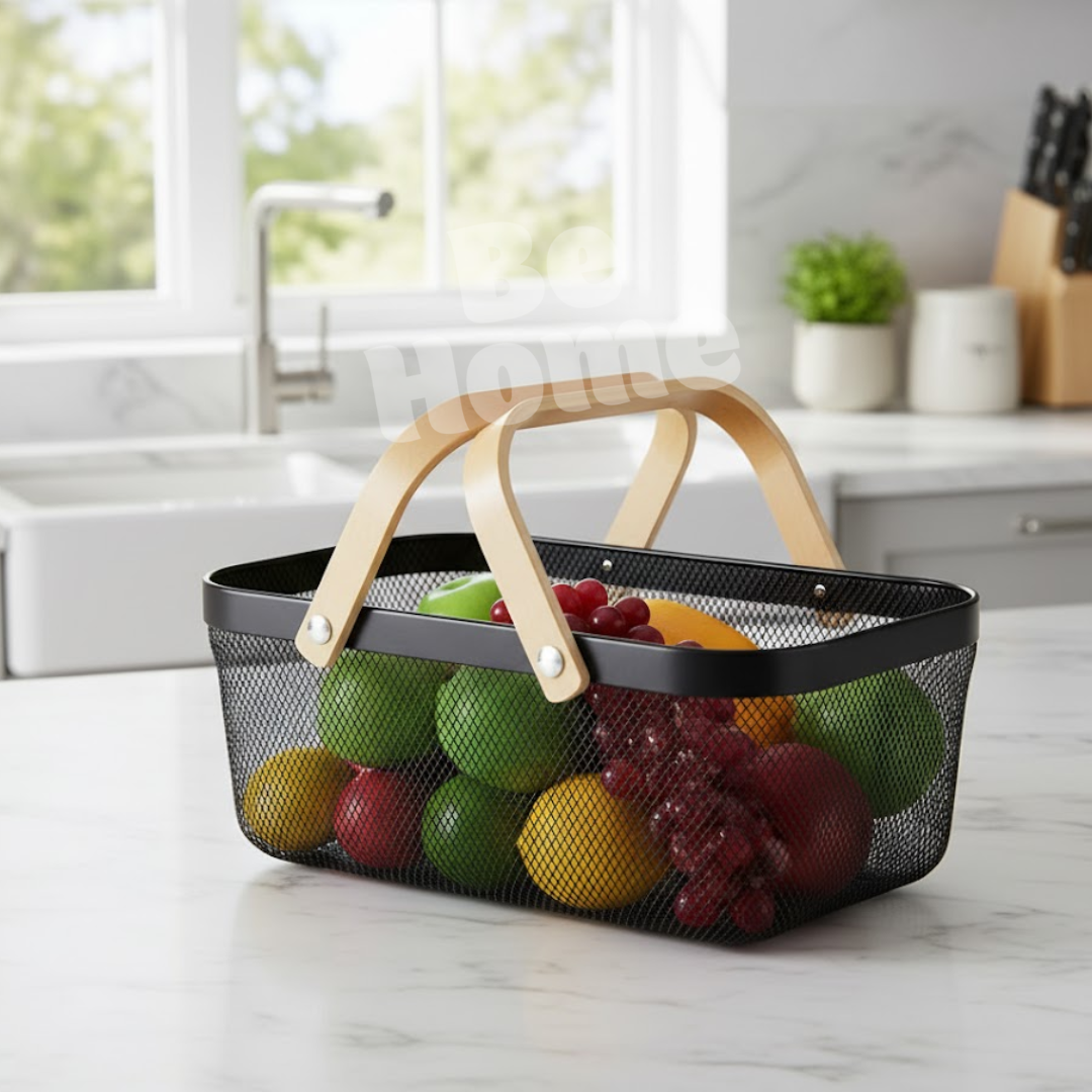 Panier de Rangement Rectangulaire en Métal Noir avec Poignée en Bois