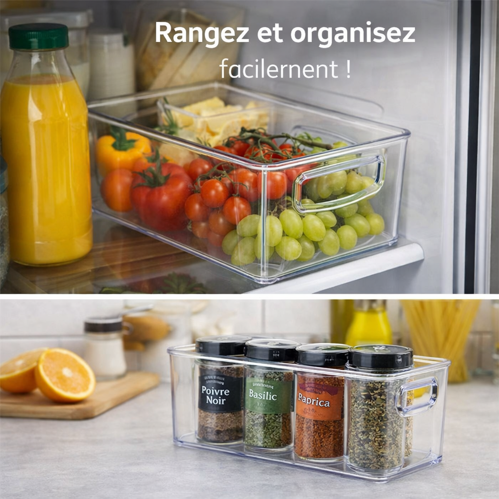 Lot de 4 Bacs de Rangement Transparents avec Poignées
