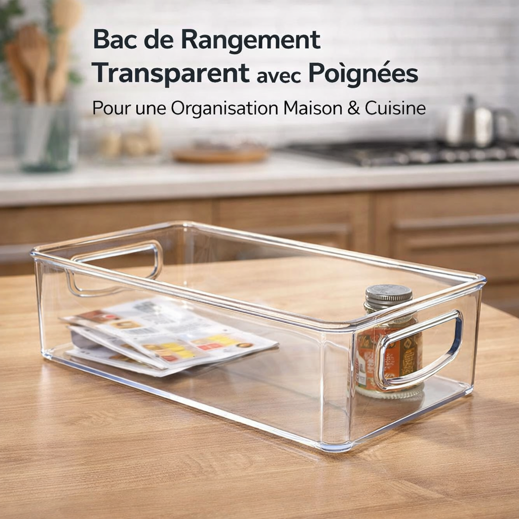 Lot de 4 Bacs de Rangement Transparents avec Poignées